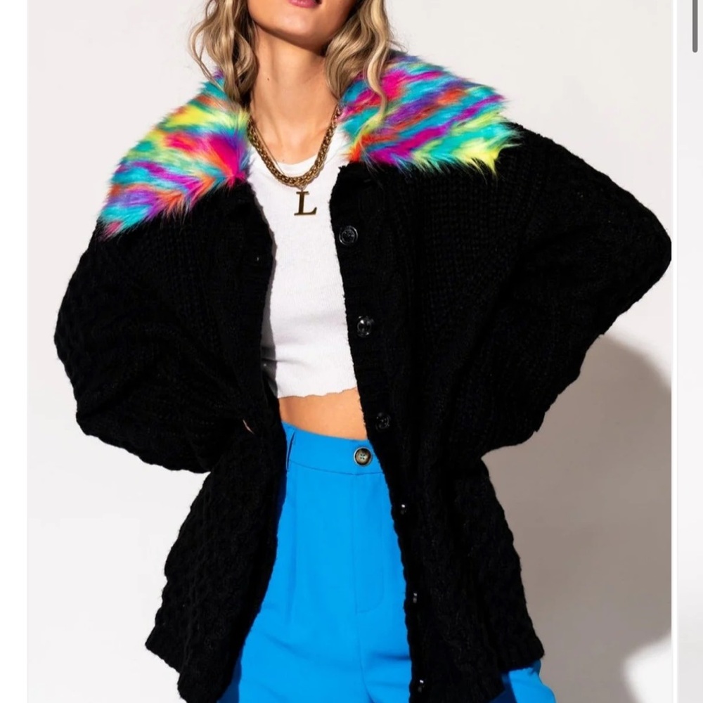 Dressed in LALA Black Grandpa Cardigan with Rainbow Fur Collar NWT